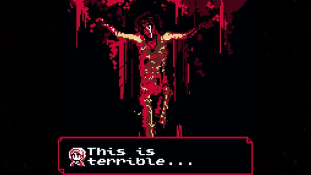 Retro Horror Vibes webp This disturbing pixel-art scene from Lost Eclipse portrays a mutilated figure hanging in a crucifixion pose, set against a shadowy backdrop that radiates dread. Unlike typical gore, the design emphasizes psychological unease, leaving players unsettled long after the image fades.