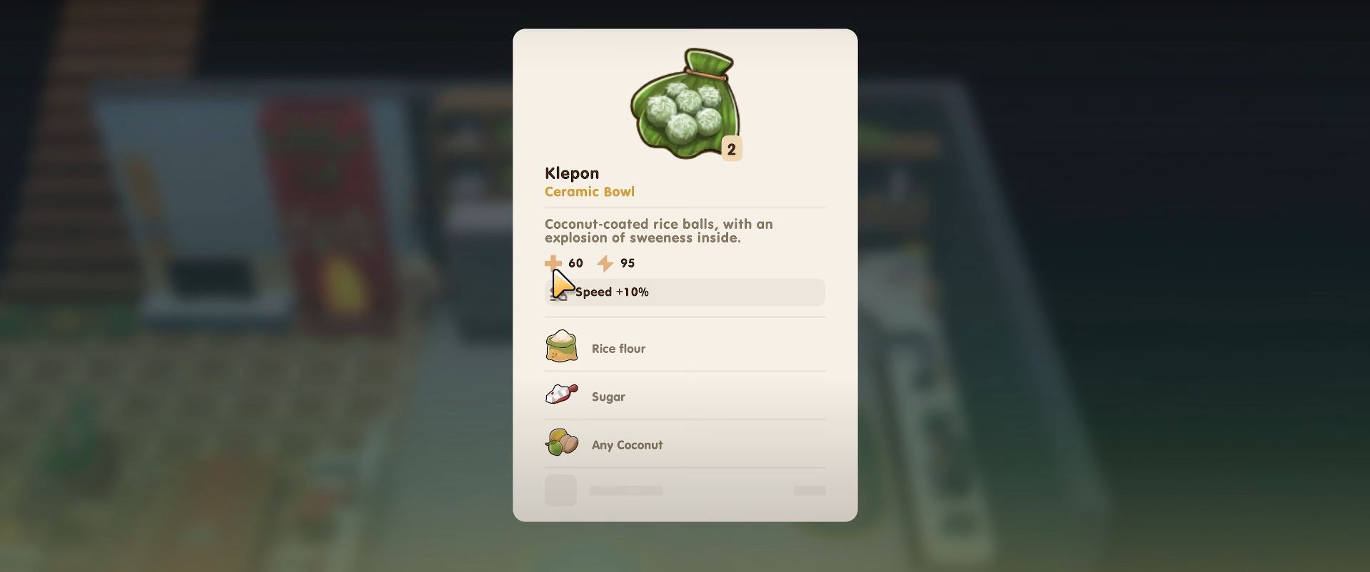 The Klepon recipe in Coral Island features a traditional Indonesian snack made from coconut-coated rice balls filled with sweetness. Players can craft it using rice flour, sugar, and coconut, gaining a +10% speed bonus when consumed.