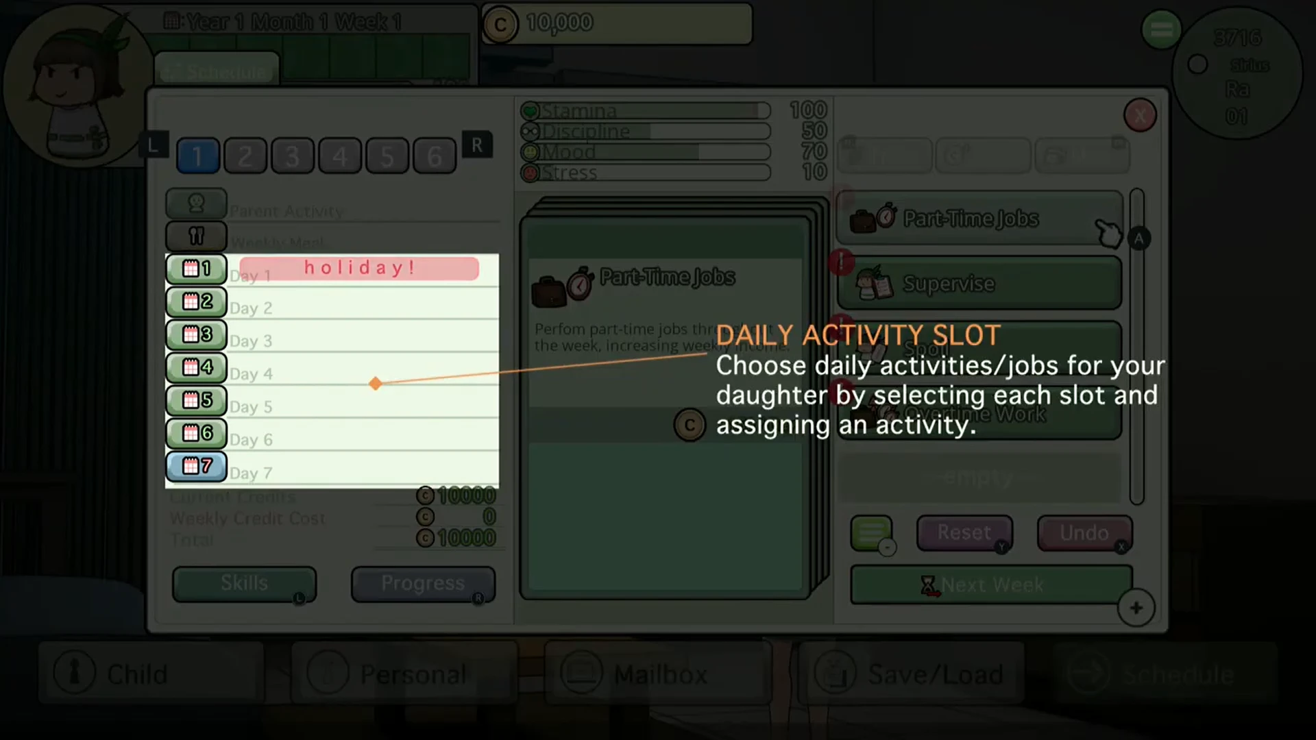 Supervise Closely Screenshot of the game Ciel Fledge: A Daughter Raising Simulator, showing the "Daily Activity Slot" tutorial. The interface displays a weekly schedule where players can assign activities or jobs to their daughter, with Day 1 marked as "holiday".