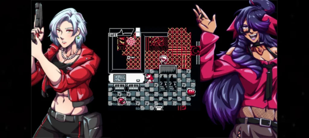 Threads of Fear This split artwork of Lost Eclipse contrasts character portraits with an in-game pixelated dungeon map, showcasing the mix of narrative and gameplay. On one side, Rei and her ally are illustrated in dramatic retro style, hinting at their bond and resilience in the face of terror. On the other, the grid-like dungeon setting highlights the investigative gameplay loop where players search for evidence, uncover mysteries, and survive the eerie atmosphere of a world merged with the paranormal.