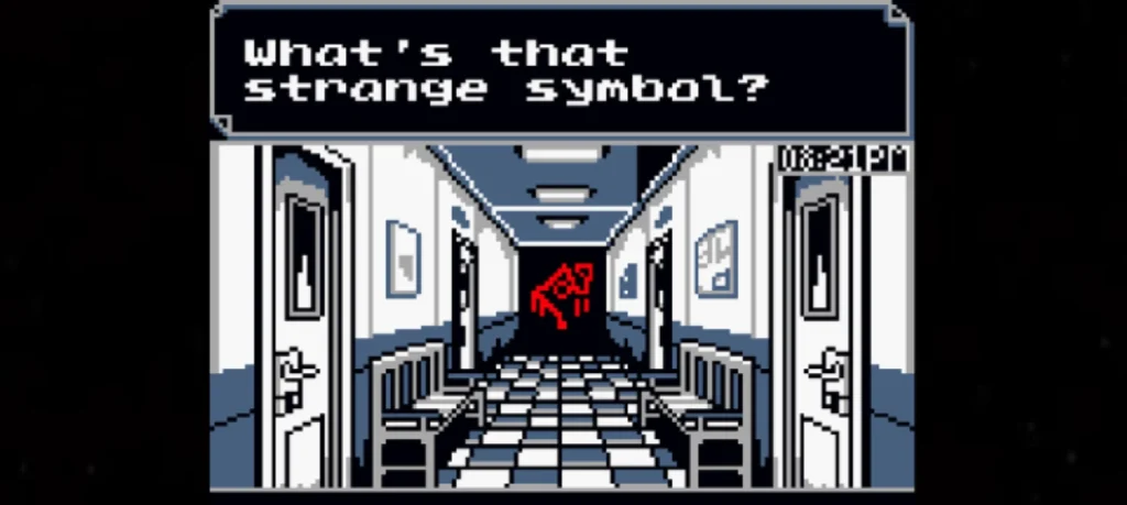 Threads of Fear webp The hallway scene captures the unsettling tone of Lost Eclipse, with dim retro-inspired pixel art corridors leading toward a glowing red symbol that dominates the darkness. The eerie design creates a sense of claustrophobic tension, as if the walls themselves are alive and watching.