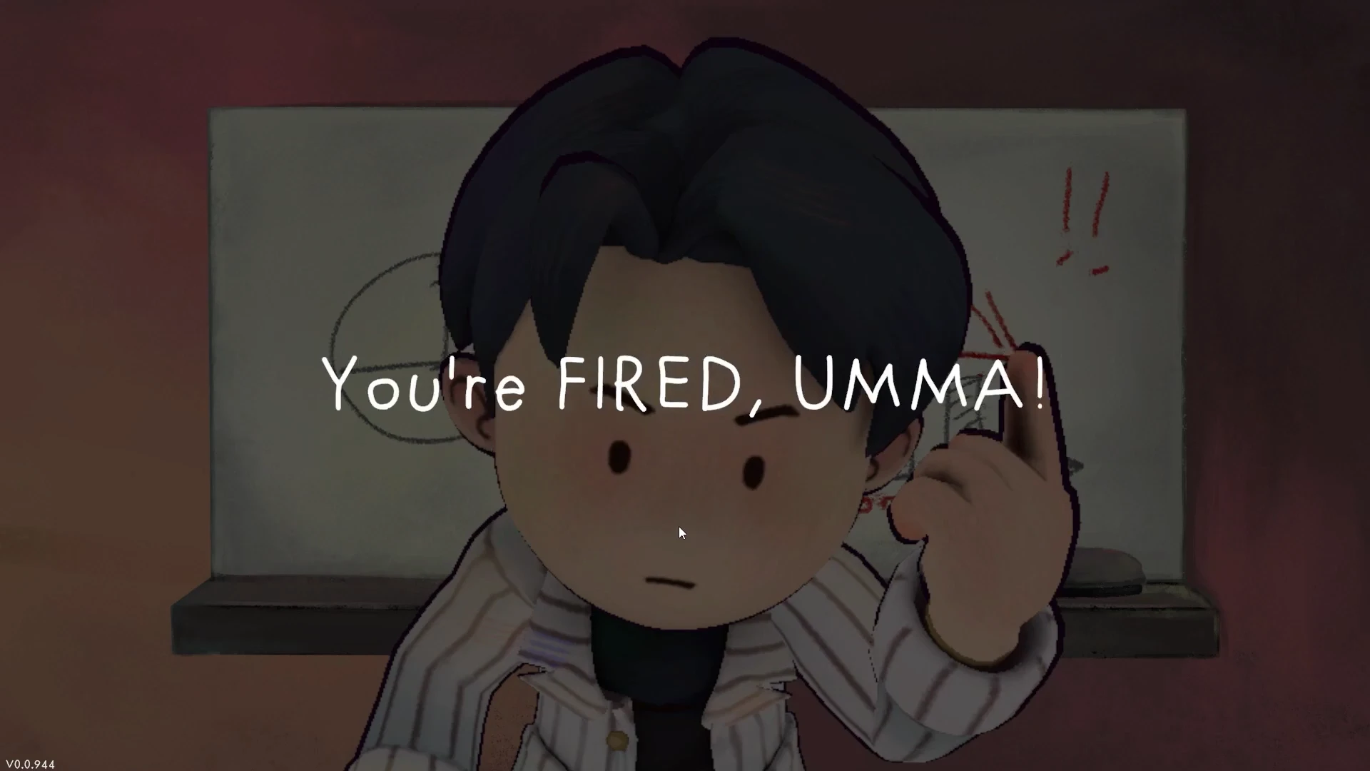 Tough Calls Cartoon character with dark hair pointing seriously, with text saying “You’re FIRED, UMMA!” on screen.