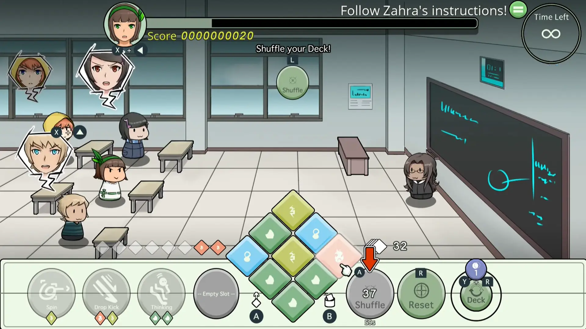 Trials of Growth Gameplay screenshot from Ciel Fledge: A Daughter Raising Simulator showing a classroom battle minigame. The player character is in a classroom with other students, while the teacher stands near the blackboard. The interface displays cards, skills, and shuffle options, with instructions to shuffle the deck.