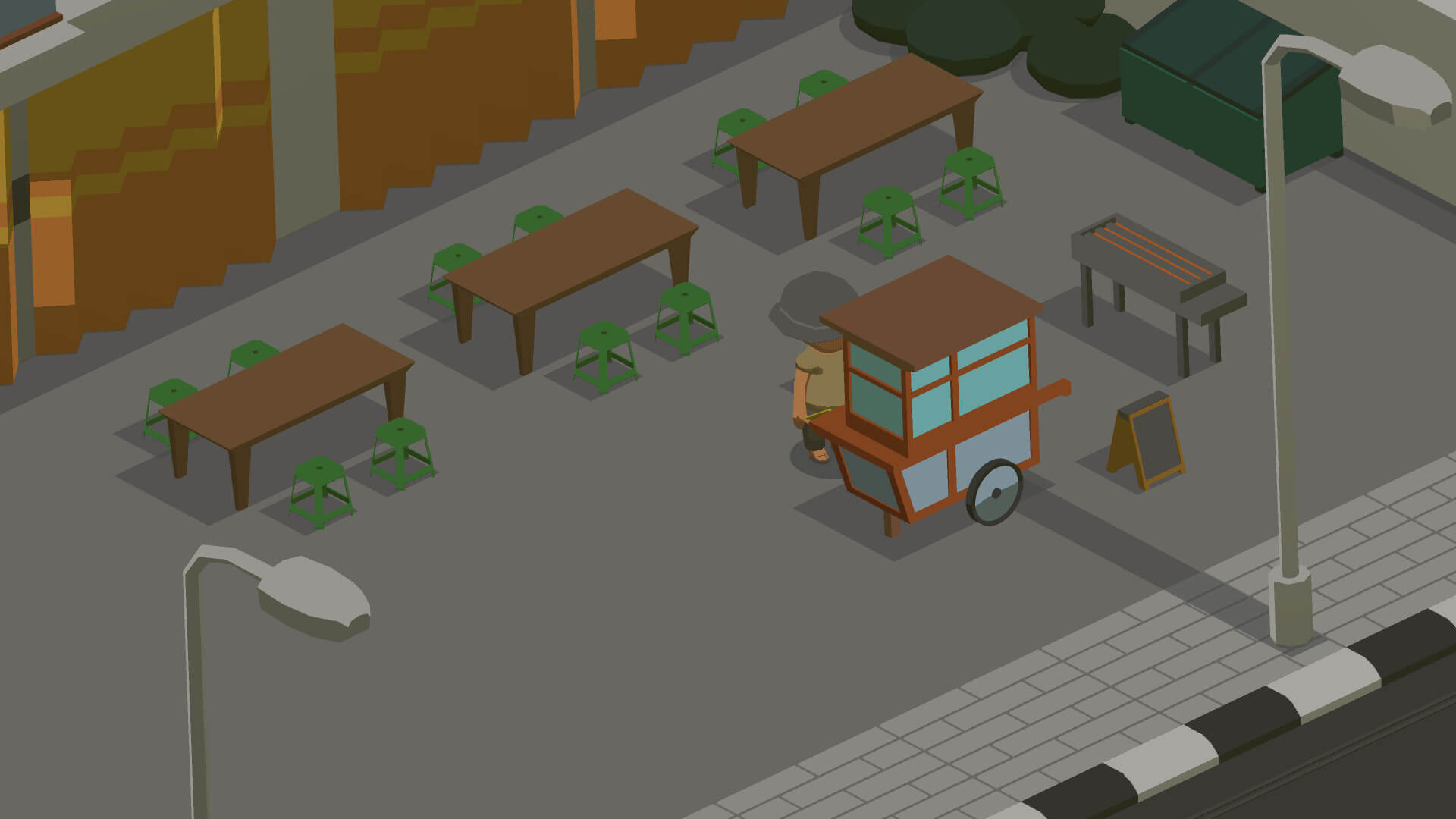 asian food cart tycoon gameplay awal.jpg Tampilan awal permainan Asian Food Cart Tycoon dengan gerobak sate sederhana.