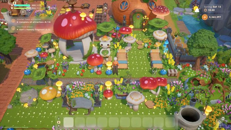 A vibrant Coral Island farm decorated with giant mushroom structures, lush flower beds, and cozy outdoor furniture.