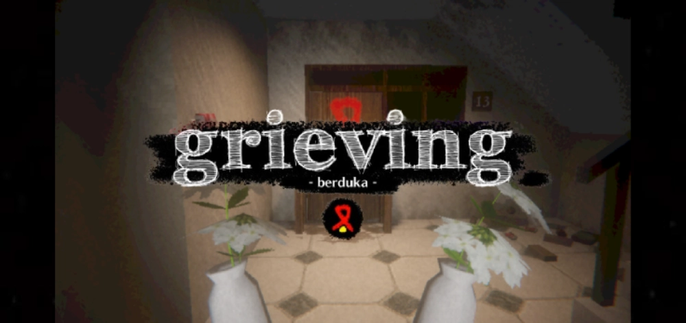 Title screen of Grieving (Berduka), showing a dimly lit apartment corridor with a red ribbon symbol and white flowers in vases.