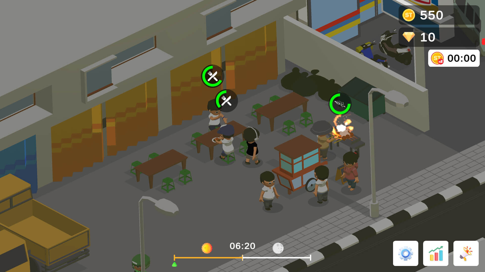 Cuplikan gameplay Asian Food Cart Tycoon, game Steam simulasi kuliner Asia dengan gaya pixel art.