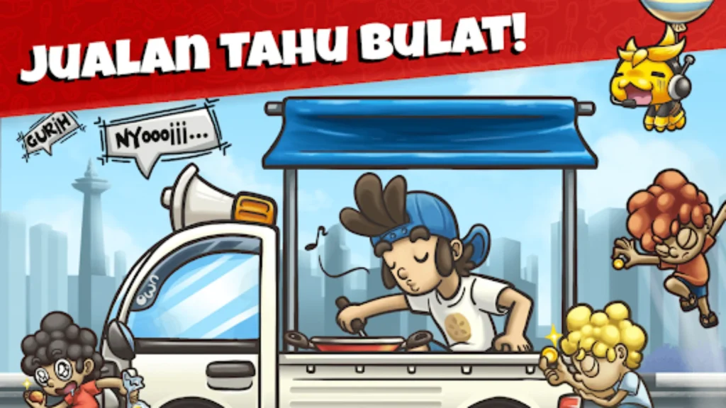Cartoon-style artwork from the game Tahu Bulat, featuring a street food vendor cooking tofu on the back of a pickup truck. Excited kids are seen running toward the truck with money and tofu in hand, while speech bubbles say “Gurih” and “Nyoooiii”. The background shows Jakarta’s Monas monument.