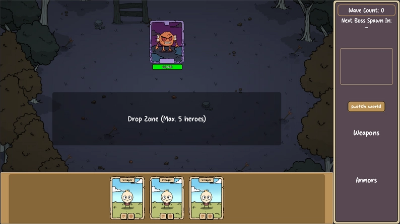 Army of Fear Game screen with a menacing monster card facing three villager cards in a drop zone.