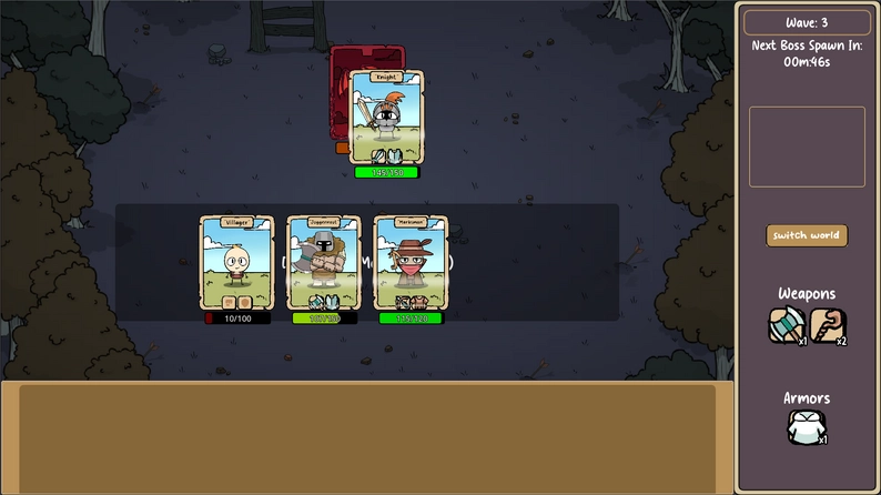 Card Battles A battle screen showing cards of characters including villagers, a knight, and a tank fighting against enemies in a dark forest background.