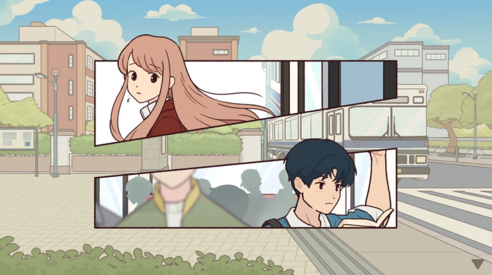 Character Bonds Screenshot from Anemorie game showing Anna and a young man exchanging glances near a bus stop in comic panel style.
