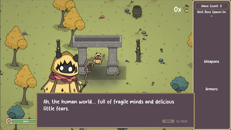 Clever Demon A cloaked demon character speaks ominously about the fragility of the human world near an ancient stone gate.