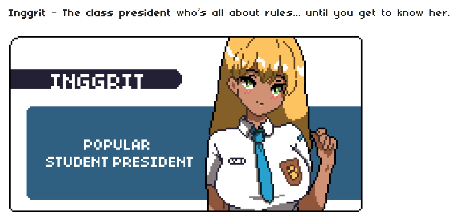 Pixel art character profile of Inggrit from WARNA game, showing a blonde student president in school uniform with green eyes and confident expression. The text reads “Popular Student President.”