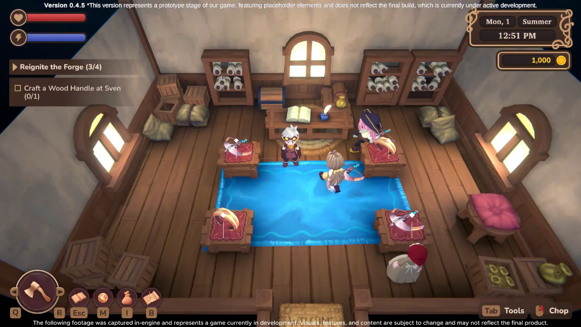 Cozy Spaces Interior shot of the forge workshop in Smith’s Chronicles, showing a player character with villagers browsing crafted weapons and tools.