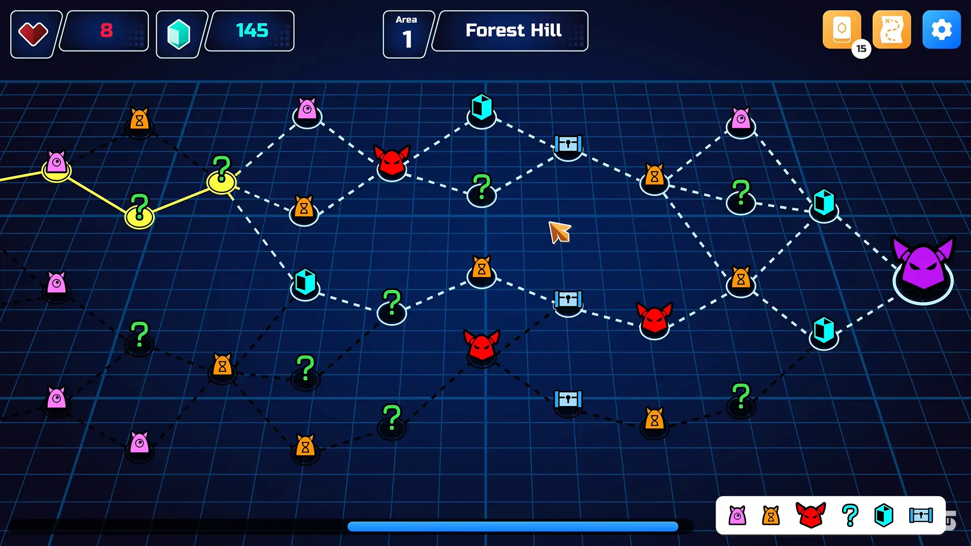 Fresh Gameplay A branching roguelike progression map from Mini Tank Mayhem, displaying multiple paths with icons representing battles, events, and rewards.