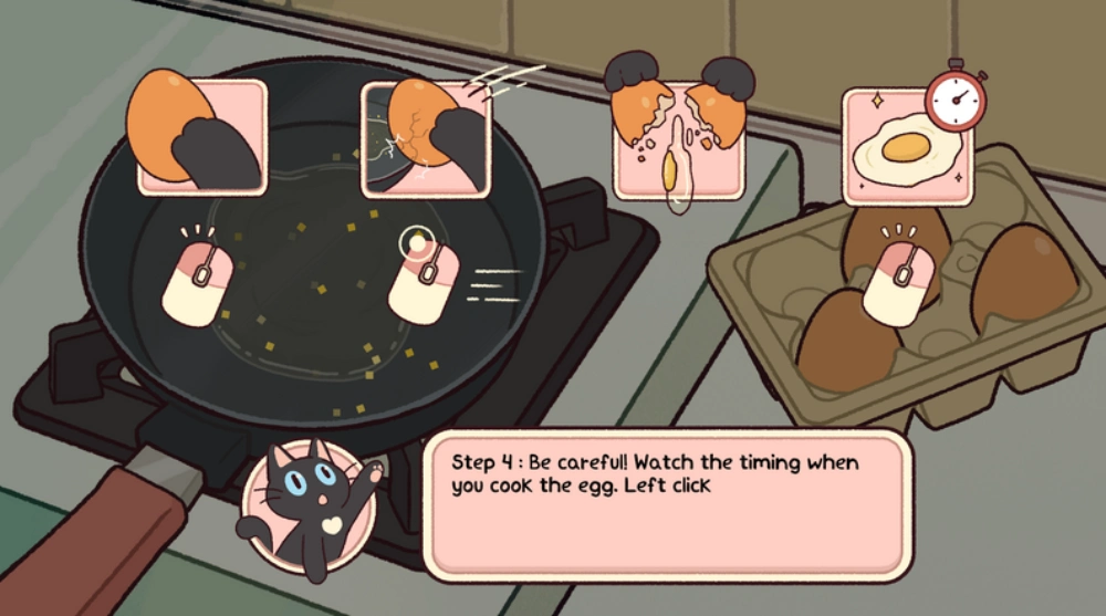 Gameplay layers Screenshot from Anemorie game featuring a cooking mini-game with instructions to fry an egg, guided by Kohi the cat.