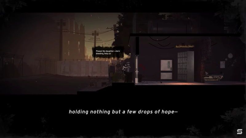 Hands of Survival A doctor in War Angels rushes to help a wounded civilian outside the hospital during wartime.