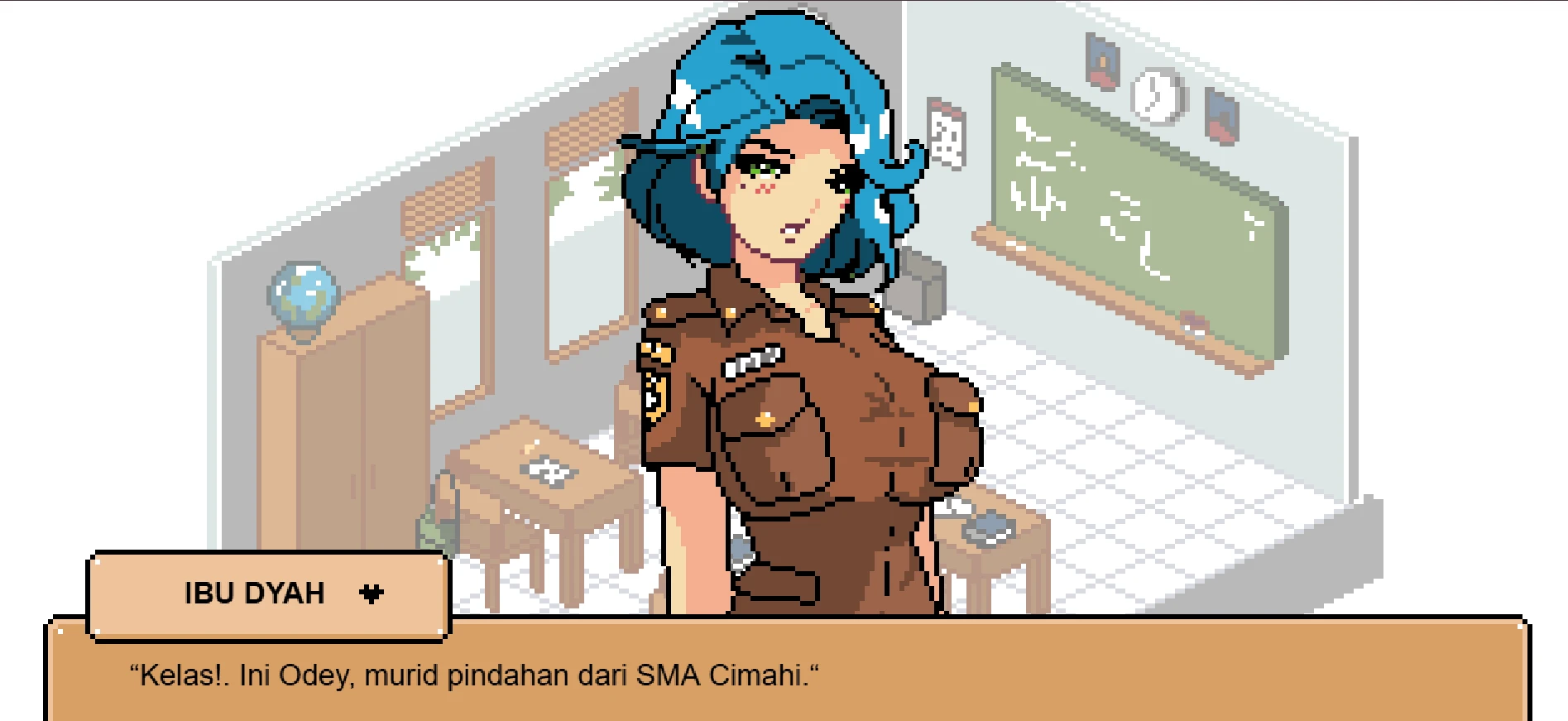 Pixel art teacher character with blue hair introducing a transfer student in a classroom setting.
