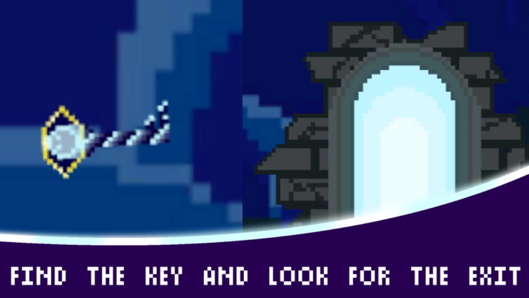 Keys Beyond Doors Pixel art scene showing a glowing key floating on the left and a bright arched doorway on the right, framed by dark stone blocks.