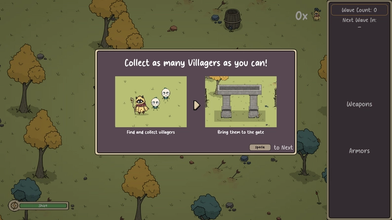 Maze Running Instruction screen telling players to collect villagers and bring them to a gate, set in a green forest maze.