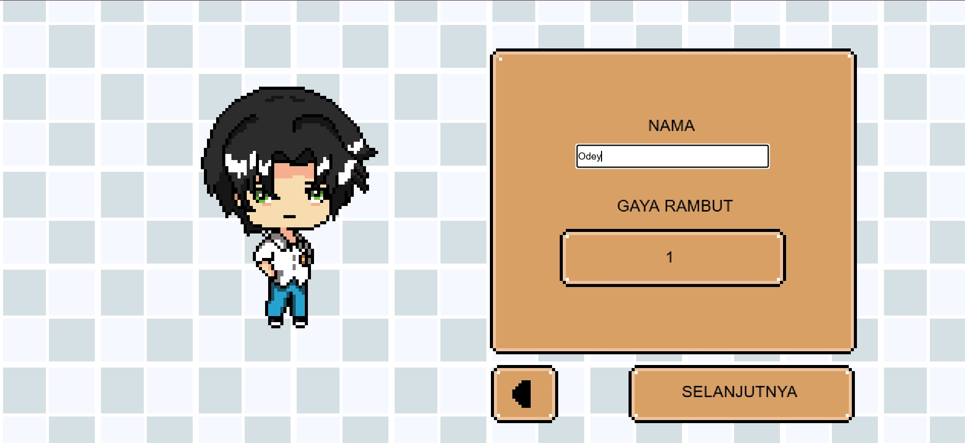 Pixel art character creation screen in WARNA game, showing a customizable student with editable name and hairstyle.