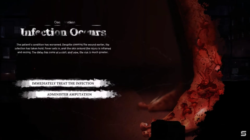 Narrative impact War Angels gameplay event showing an infection scenario with options to treat or amputate.