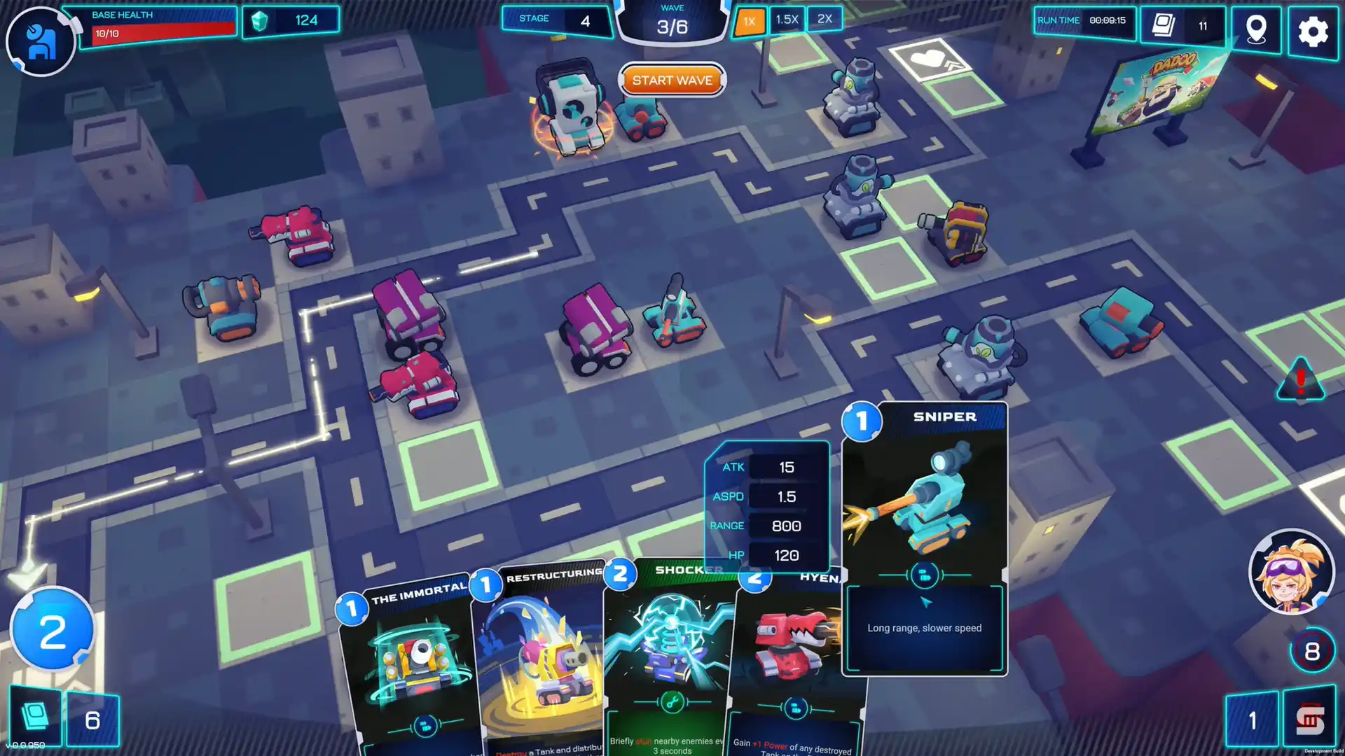Playful Visuals A colorful top-down arena battle in Mini Tank Mayhem showing mini tanks, cards at the bottom of the screen, and a “Sniper” card selected with stats.