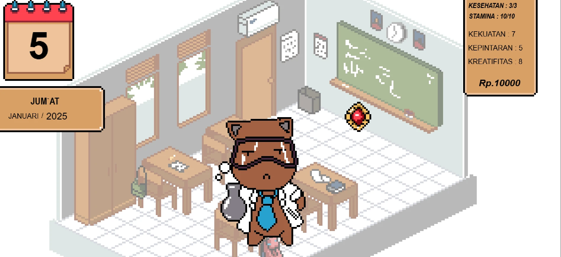 Pixel art classroom scene in WARNA game featuring a character in a lab coat holding a flask, with stats displayed on the right and calendar on the left.