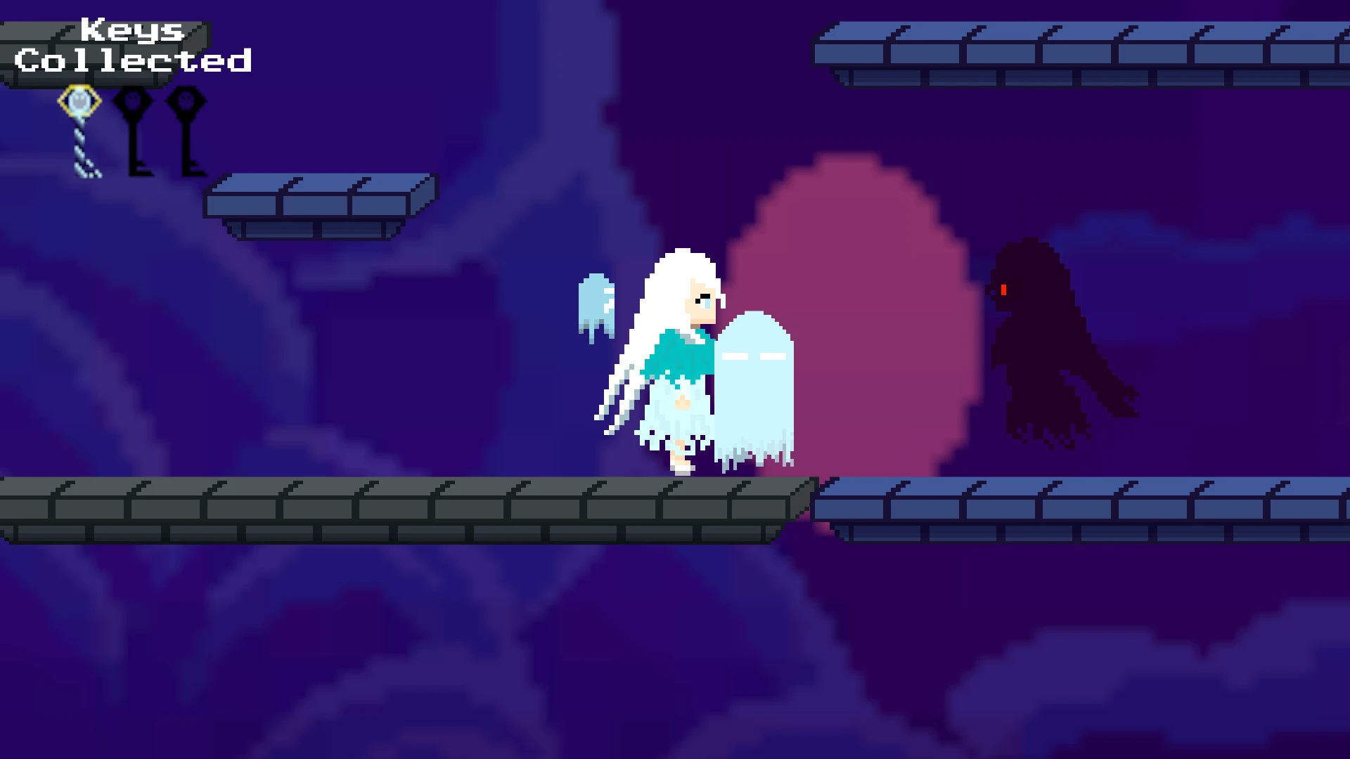 Shadow Pursuit Pixel art screenshot of a white-haired ghostly character standing on a stone platform, facing a dark shadowy figure with glowing red eyes.