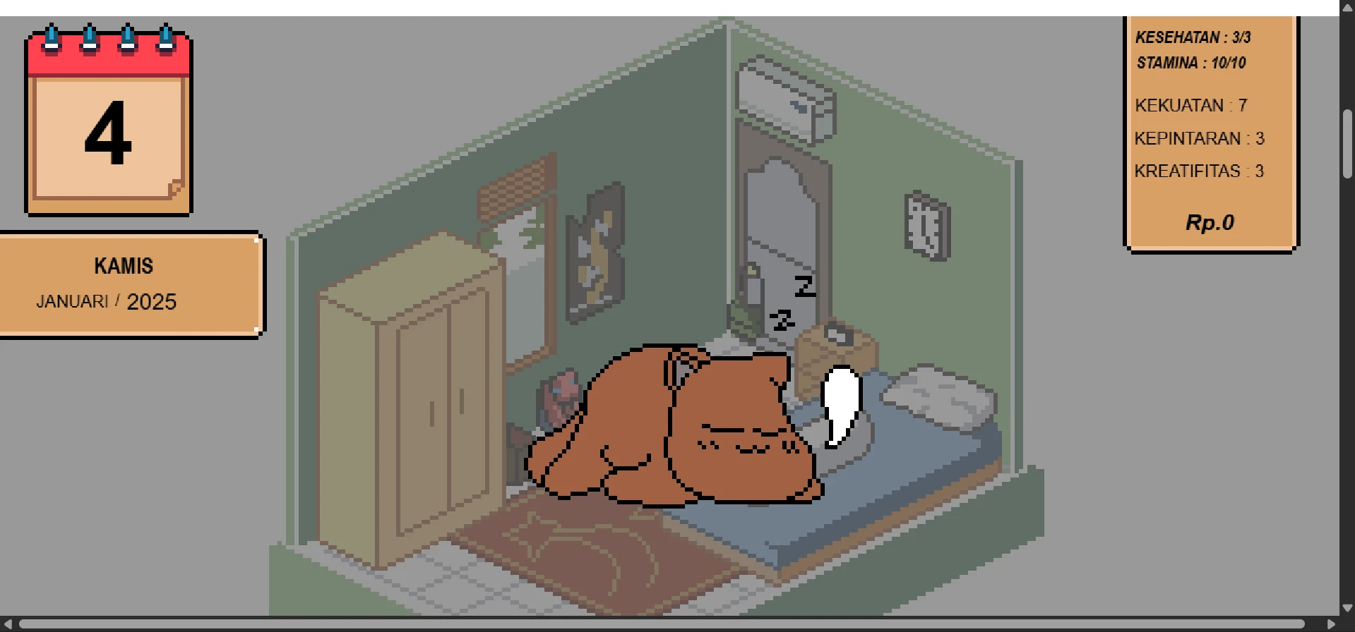 Pixel art bedroom scene in WARNA game showing the main character sleeping, with stamina and stats displayed on screen.