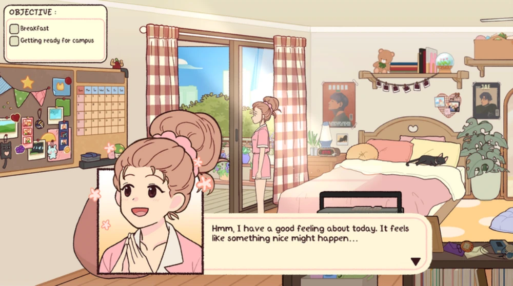 Story Focus Screenshot from Anemorie game where Anna smiles in her cozy bedroom with sunlight shining through the window, cat resting on her bed.