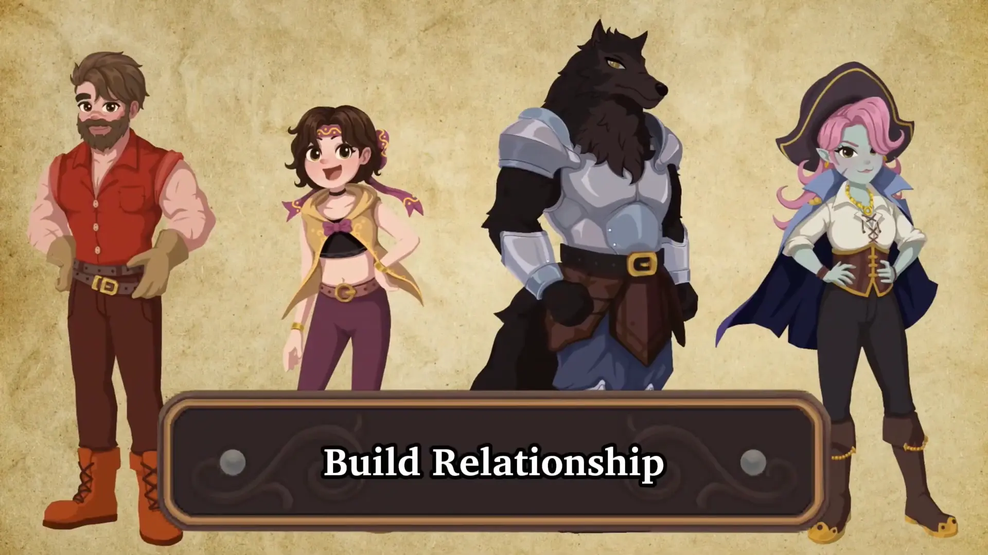Story Threads Character art lineup featuring four NPCs including humans, a wolf-like warrior, and a pirate elf, with the text “Build Relationship"