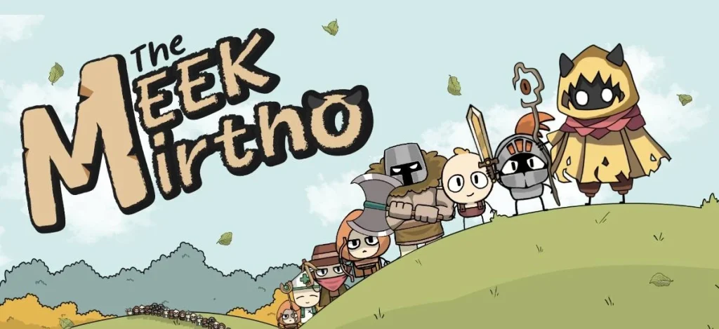Game cover art of The Meek Mirtho featuring a lineup of villagers, warriors, and a cloaked demon in a cartoon art style.