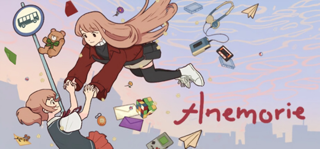 Promotional artwork for Anemorie game showing Anna floating with another girl, surrounded by nostalgic 90s objects like cassette tapes and paper planes.