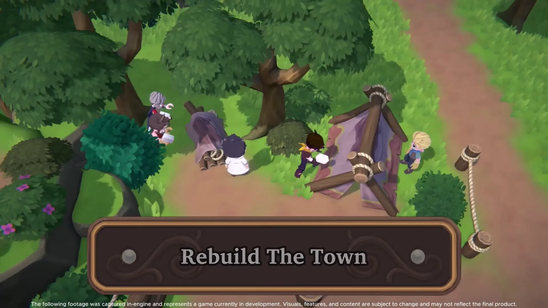 Town Revival In-game screenshot showing villagers setting up tents and working together to rebuild a forest camp, with the text “Rebuild the Town.”