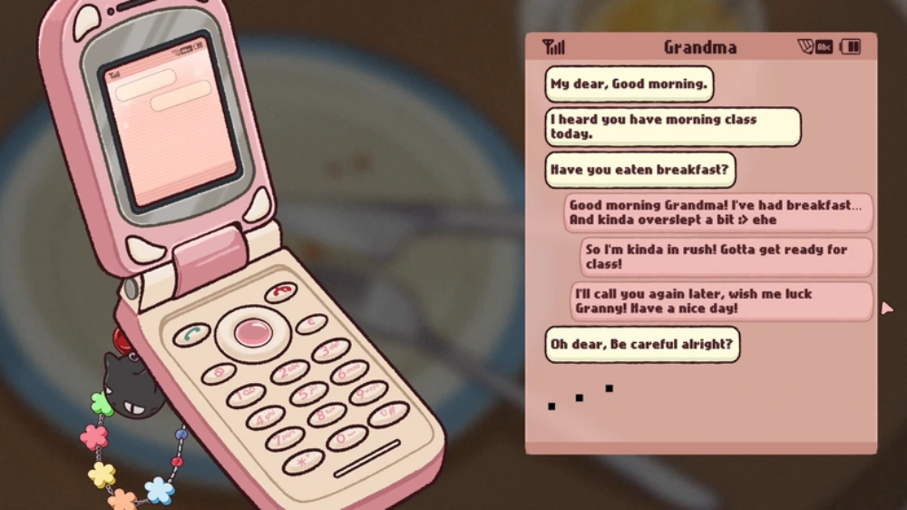 Unique experience Screenshot from Anemorie game showing a pink flip phone with Anna texting her grandmother about breakfast and morning class.