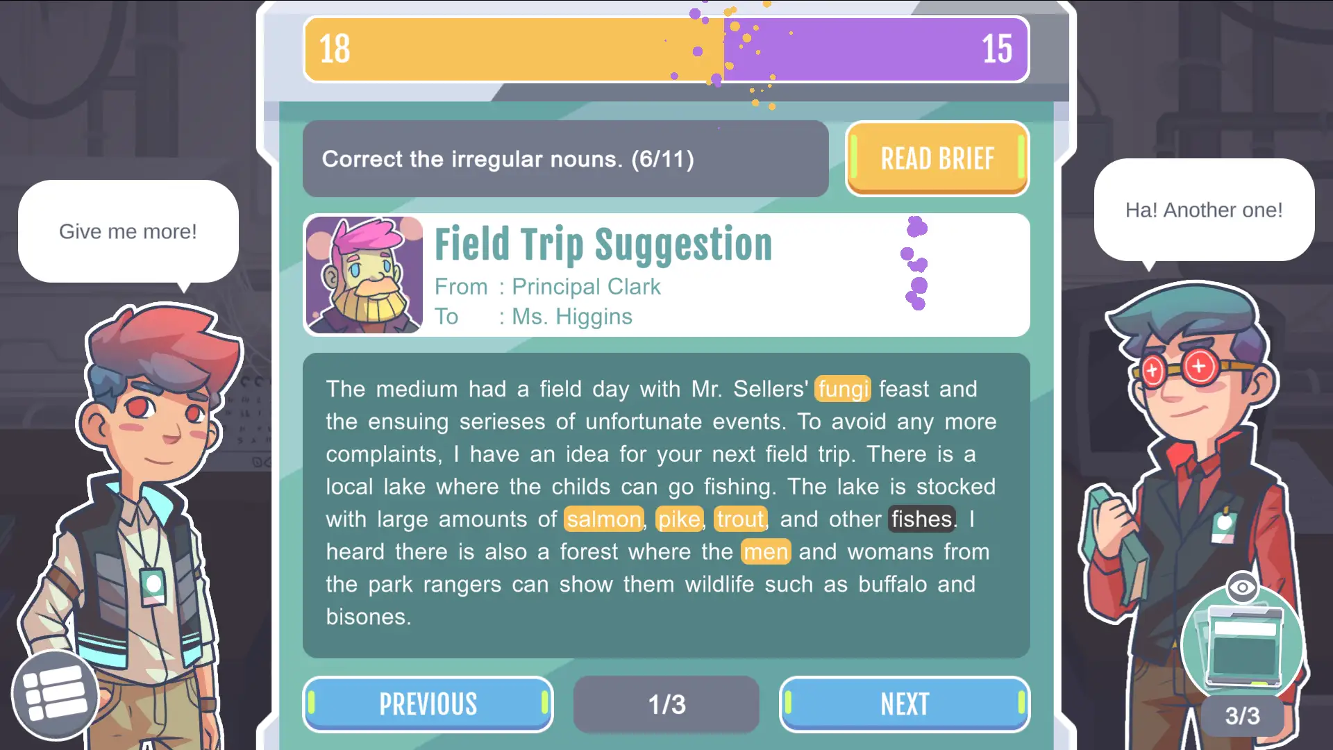 A grammar correction task in Grammarian Ltd where the player fixes irregular nouns in a field trip suggestion letter.
