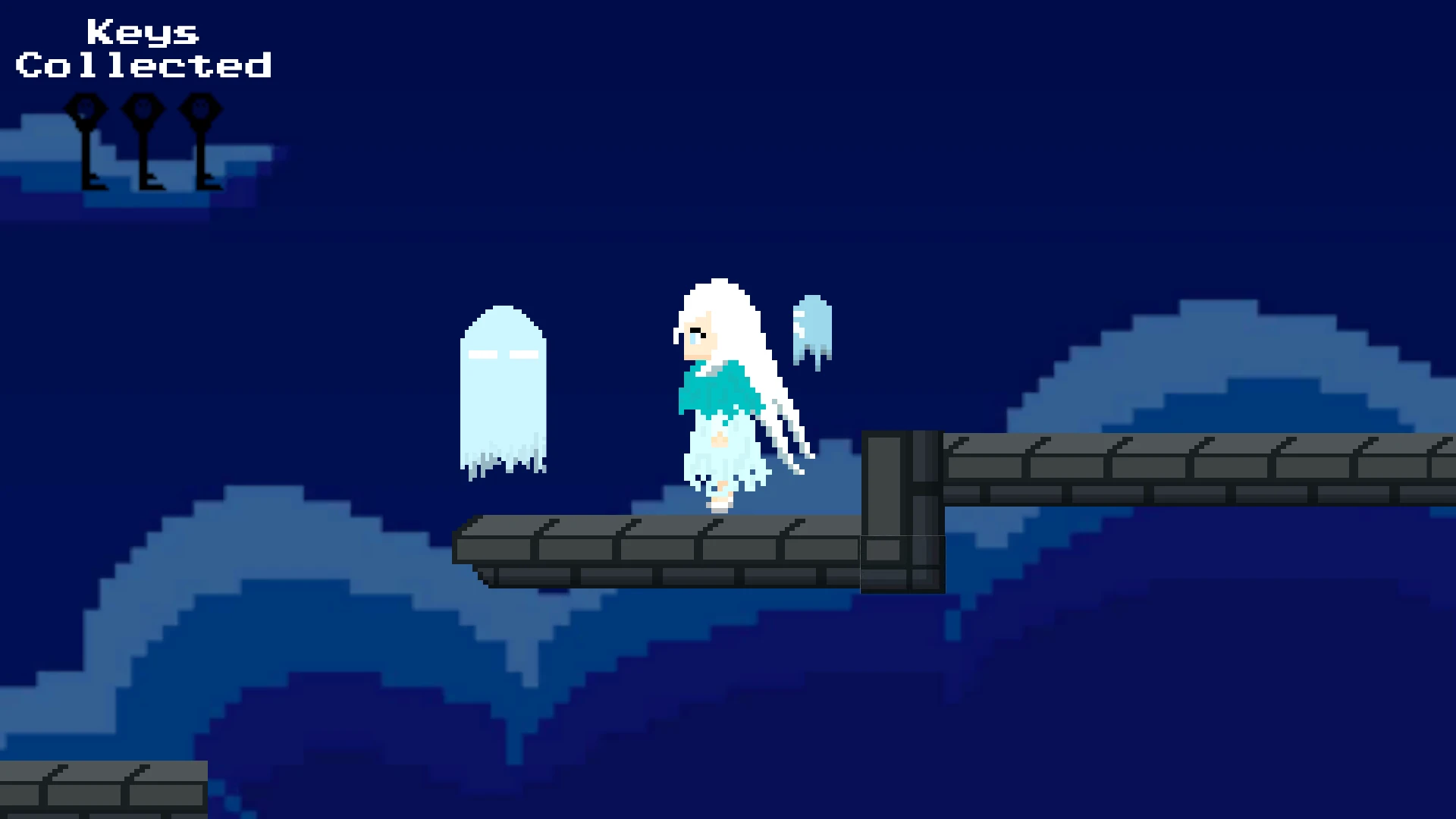 Whispers of the Unknown Pixel art character with long white hair and a teal dress walks across floating stone platforms, accompanied by two smaller ghost companions.