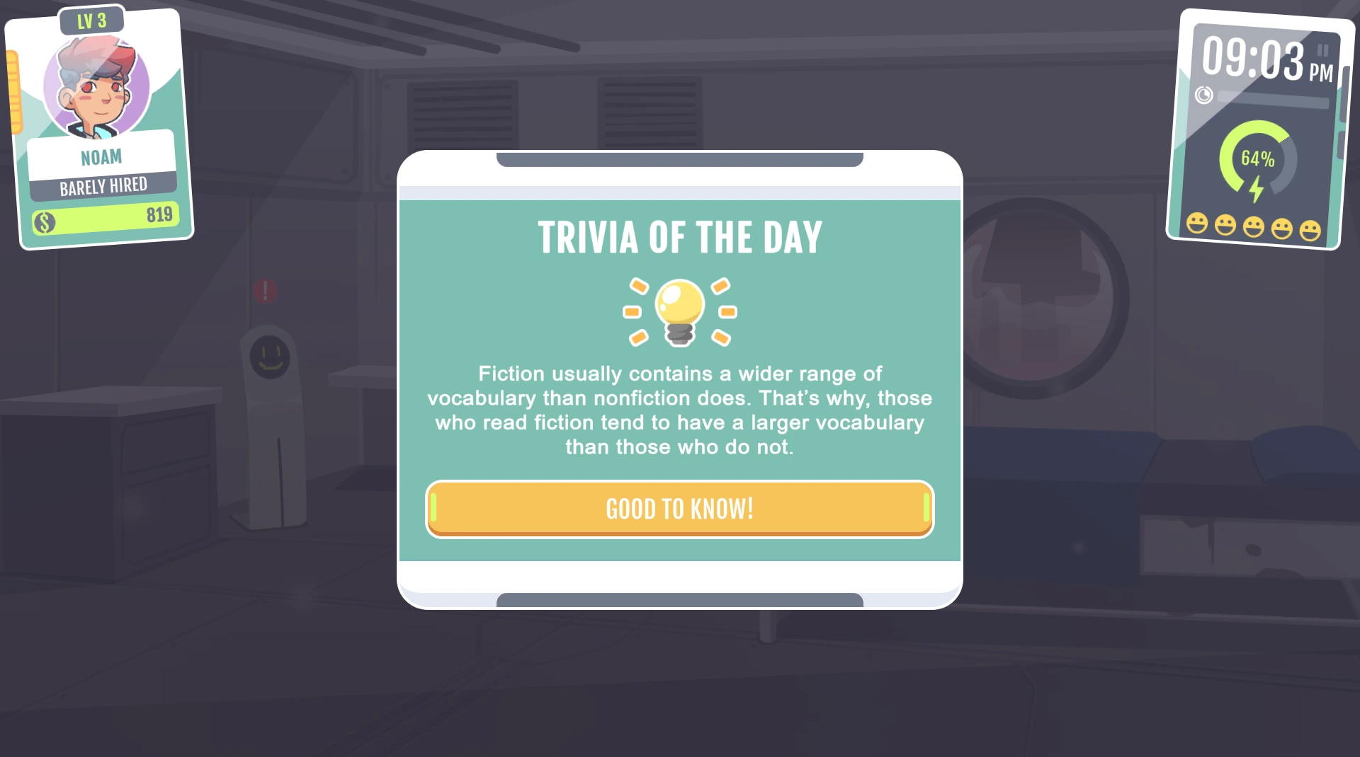 Why it stands out A trivia pop-up in Grammarian Ltd with a fact about fiction and vocabulary, showing the character Noam with a status card on the left.