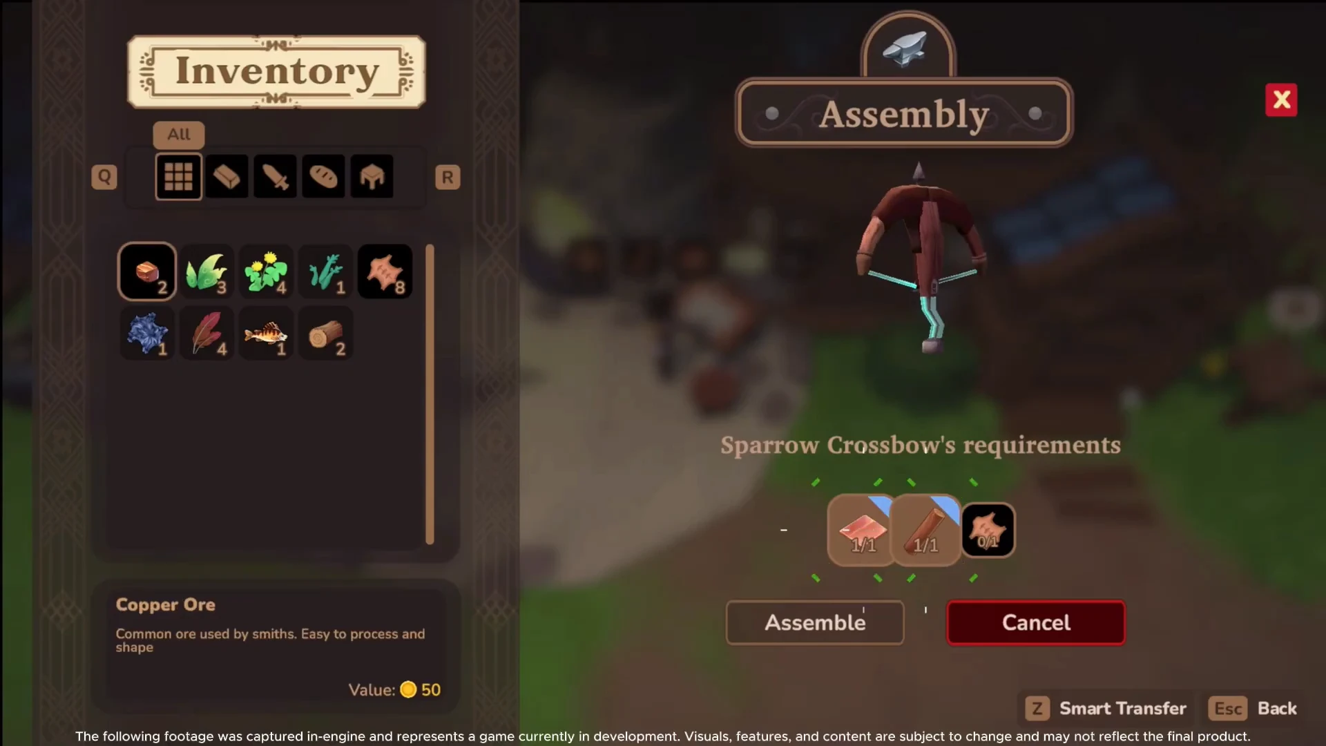 Workshop Growth Inventory screen showing collected materials like ores, herbs, and leather, with a crafting menu to assemble a Sparrow Crossbow.