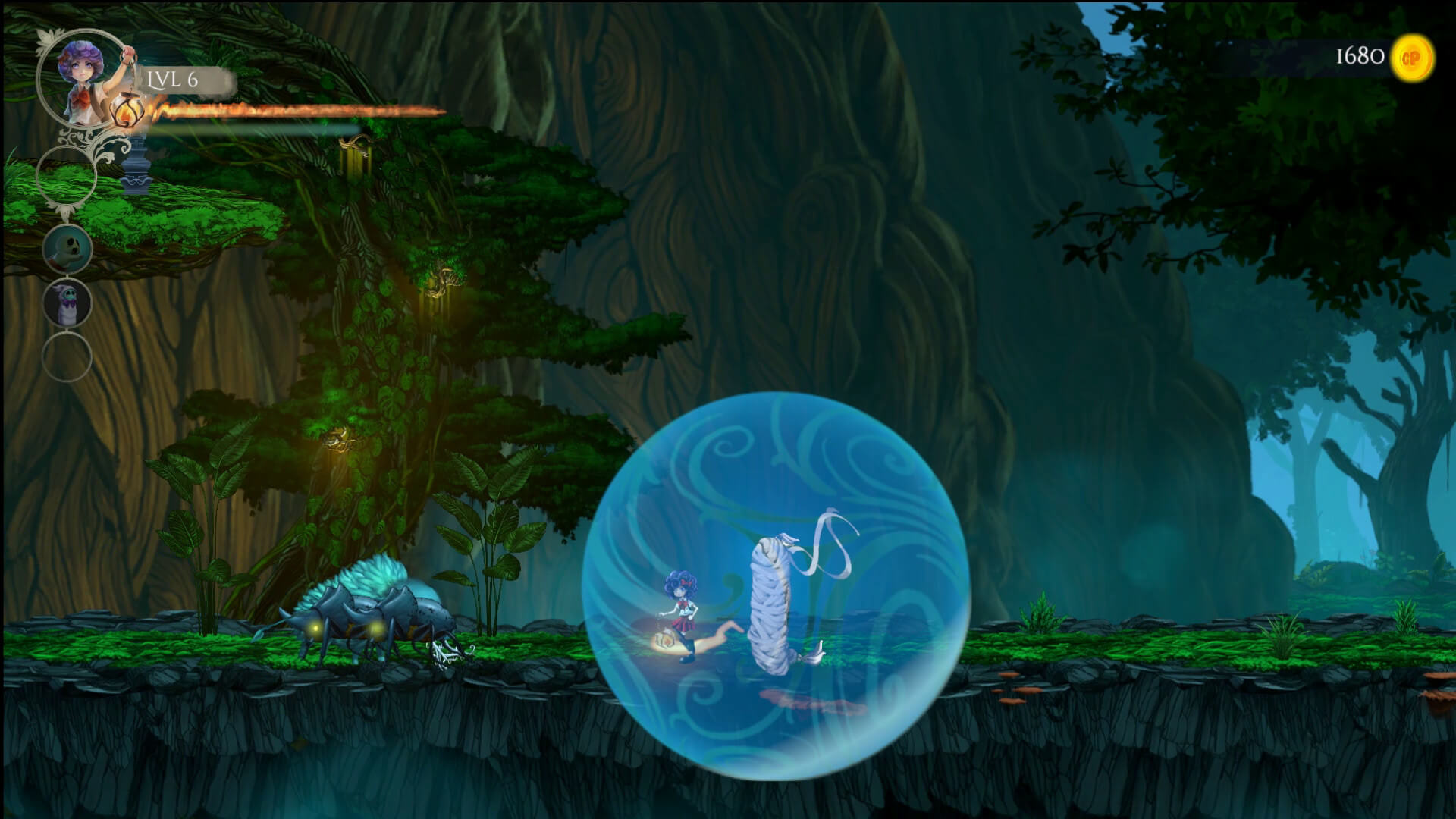 gameplay side scrolling Gameplay side-scrolling dengan puzzle, musuh unik, dan kekuatan hantu imut yang bervariasi.