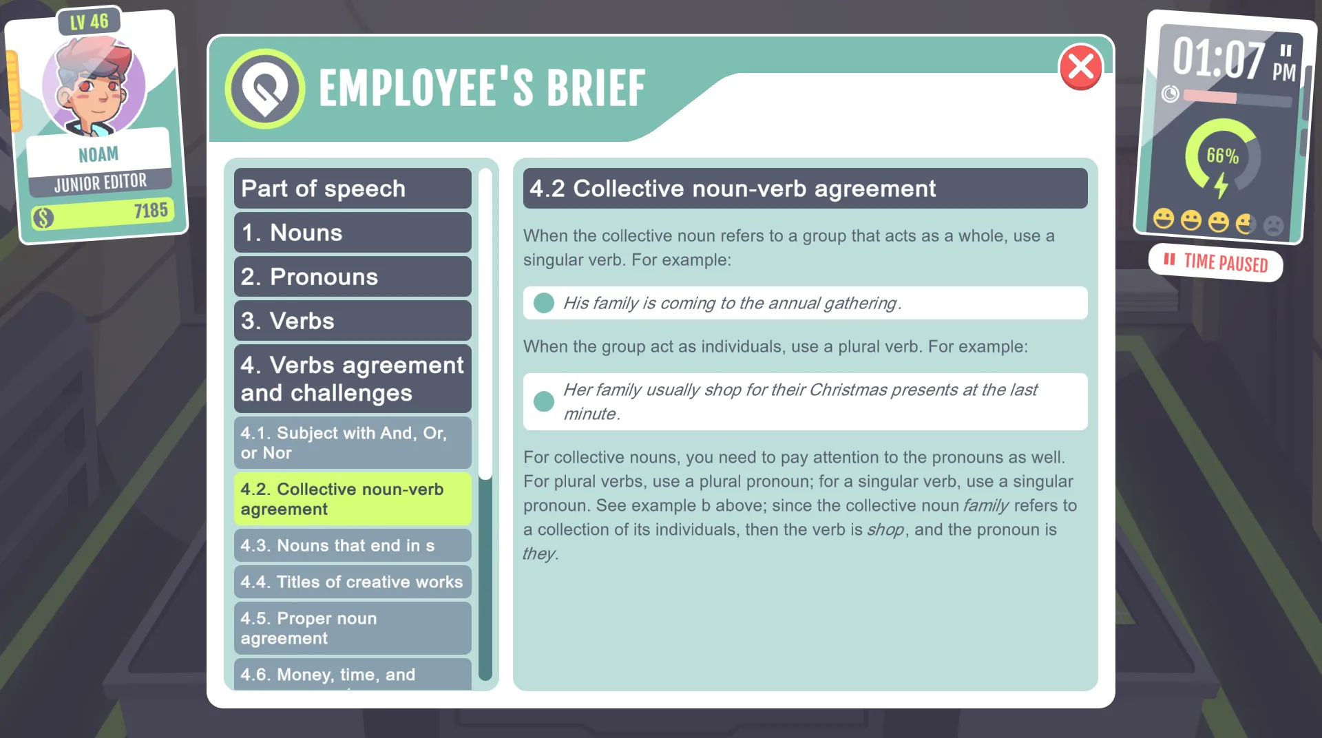 An in-game employee’s brief from Grammarian Ltd explaining collective noun-verb agreement, with Noam’s editor level and currency displayed.