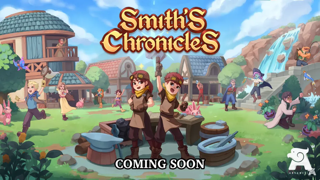 Colorful promotional artwork of Smith’s Chronicles, showing two blacksmiths in the foreground with a lively town and villagers in the background, with the text “Coming Soon"