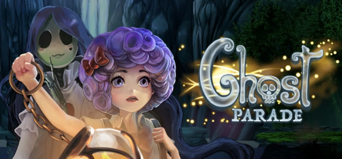 Cover art of Ghost Parade featuring the main character Suri holding a lantern, accompanied by a friendly ghost in a mystical forest background, with the game title displayed.