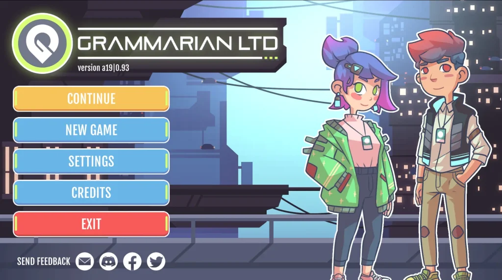 The main menu of Grammarian Ltd featuring two main characters standing in front of a futuristic city backdrop.