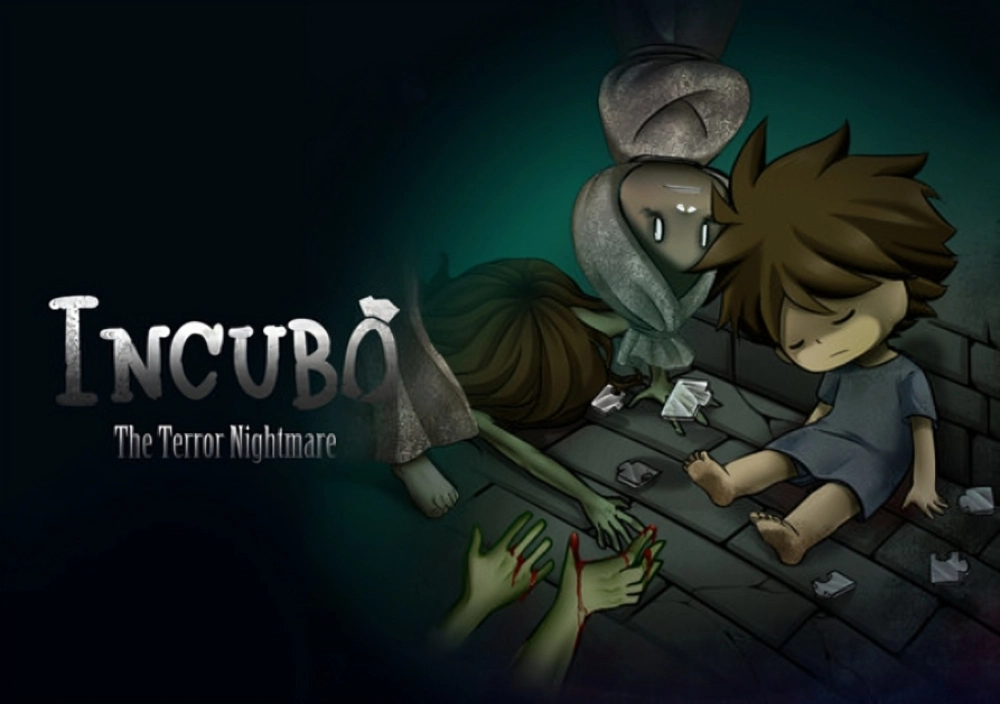 Promotional artwork for INCUBO showing the main character lying unconscious with ghostly figures and eerie hands reaching out.