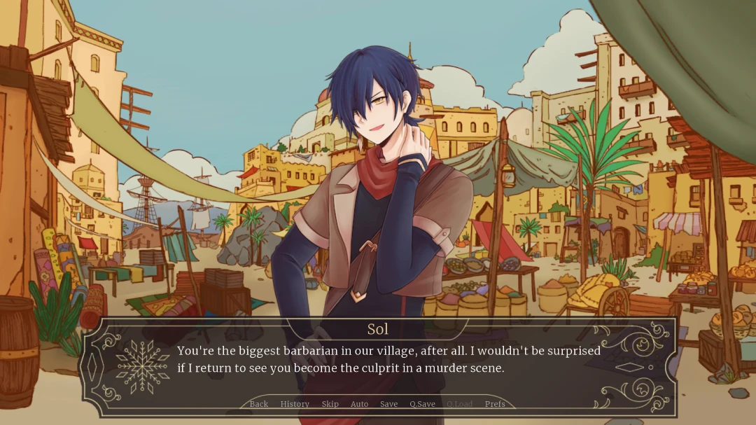 Beyond Romance Scene from Of Frost and Flowers showing Sol speaking in a bright market setting.