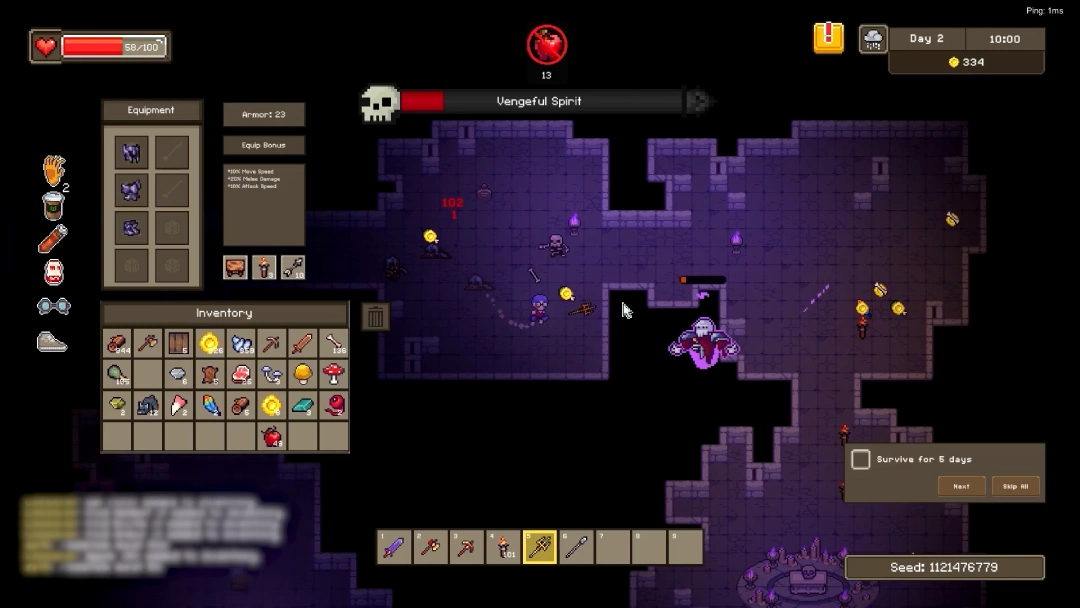 Boss Battles Cryptfall dungeon fight against a Vengeful Spirit boss, with inventory and equipment visible on screen.