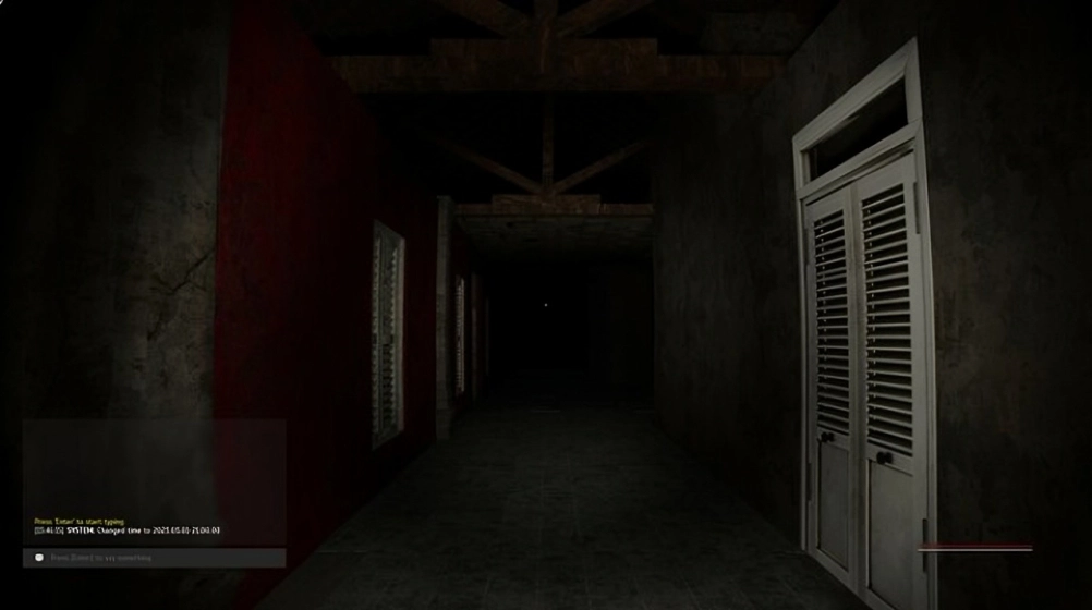 Chilling Atmosphere A dark corridor inside an old building with cracked walls and closed wooden shutters, evoking a sense of dread.