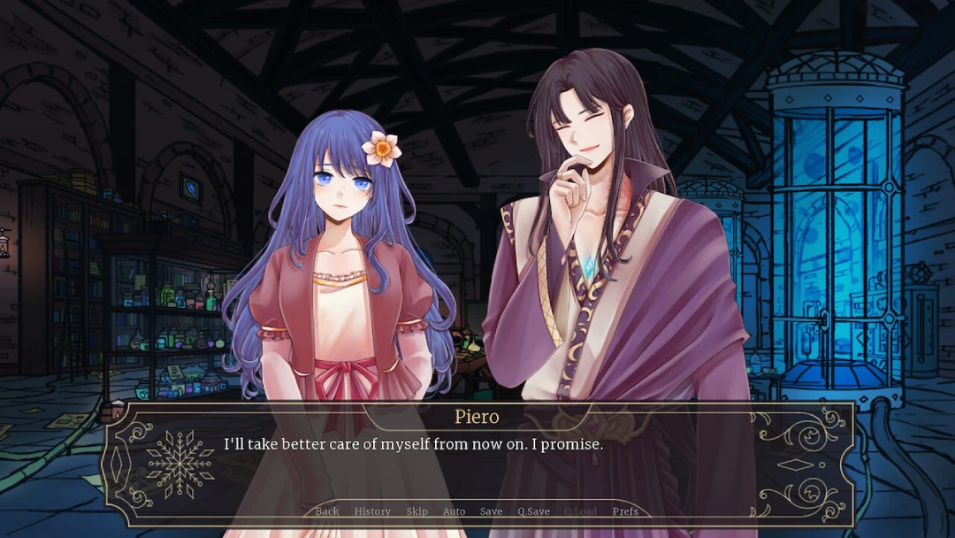 Decision define you Conversation scene in Of Frost and Flowers showing Piero and a blue-haired woman inside a dimly lit room.